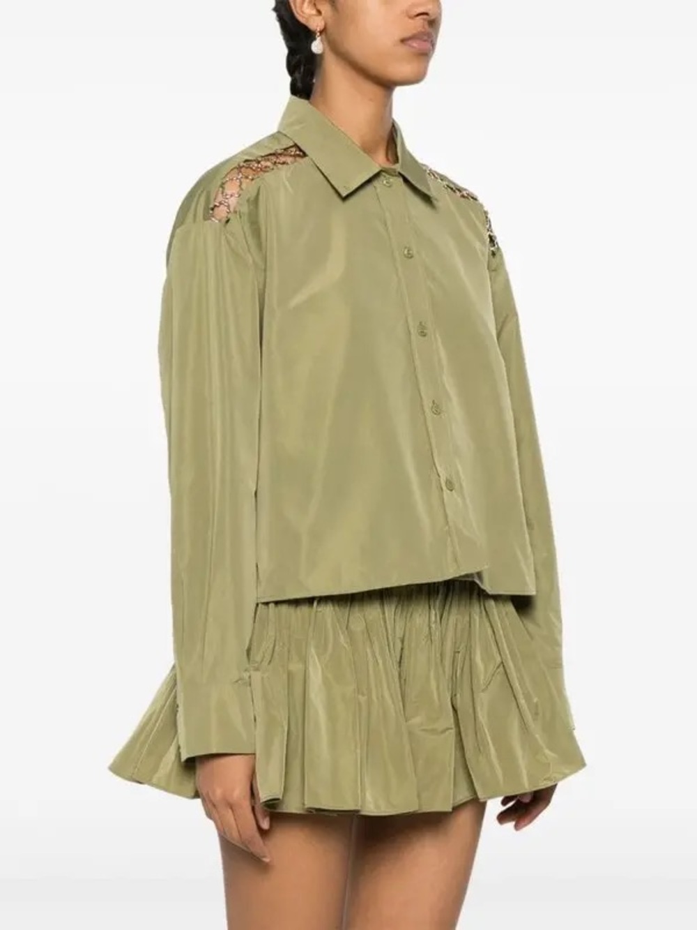 NWOT Maje relaxed fit openwork button down cropped shirt khaki green size xs
